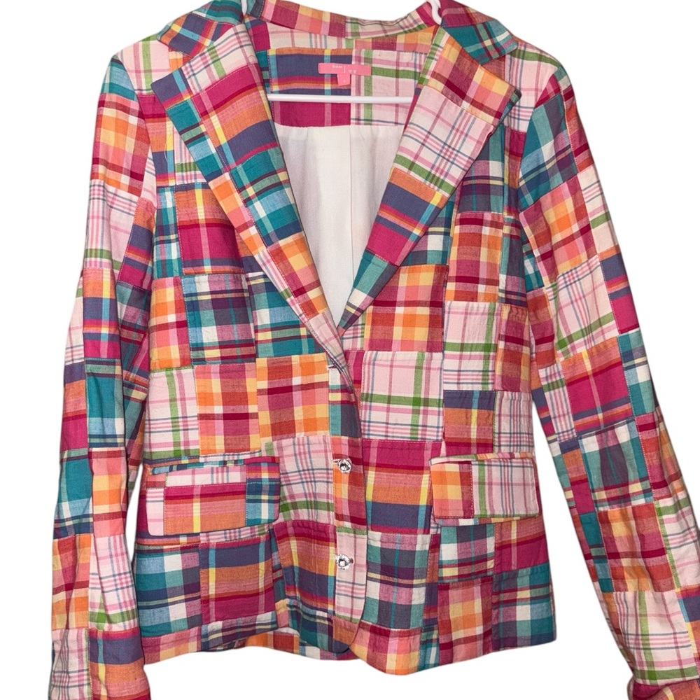 Madras Plaid Patchwork Blazer Jacket Multicolor Cotton sz 8 /M EUC
